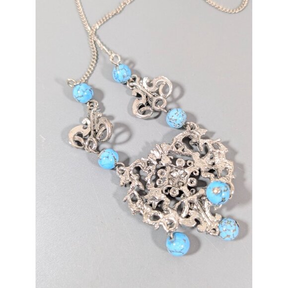 Vintage Turquoise Blue Peking Glass Bead Etruscan Statement Necklace Silver Tone - Picture 7 of 8